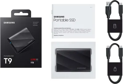 Shows everything included in the box—the portable SSD, installation guide, warranty statement, and two connection cables—to reassure shoppers they have all necessary accessories to start using the…