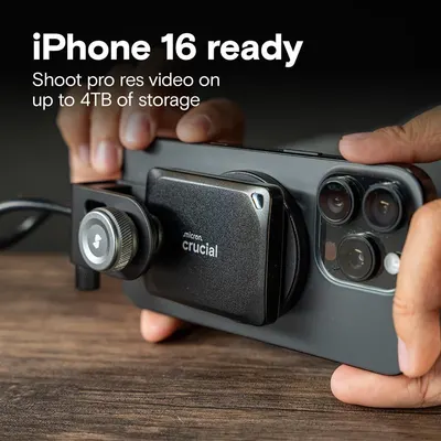 Demonstrates that the Crucial storage device is compatible with iPhone 16 and enables professional video recording with up to 4TB of storage capacity. Highlights the impressive storage capacity of…
