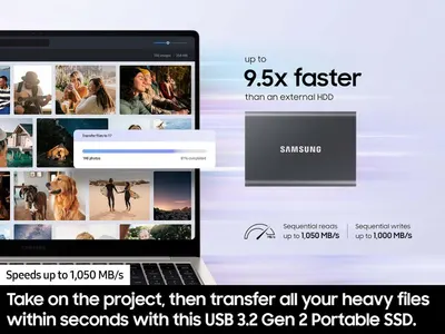 Communicates the product's superior speed performance with quantifiable metrics to demonstrate fast file transfer capabilities compared to external HDDs. Highlights the core benefit of rapid file…