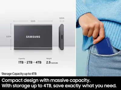 Communicates the physical dimensions and weight of the Samsung portable SSD to show shoppers it is compact and pocket-friendly for portability. Highlights the massive storage capacity options…