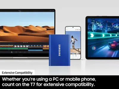 Demonstrates that the Samsung T7 works seamlessly across multiple device types (PC, mobile phone, tablet) to reassure shoppers of its versatility and broad compatibility.