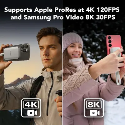 Communicates that the product supports professional-grade video formats from both Apple and Samsung devices, reassuring shoppers that it's compatible with high-end smartphone video recording…