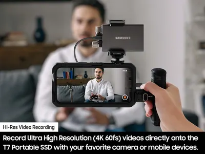 Demonstrates the product's ability to record ultra high resolution 4K 60fps videos directly onto the T7 Portable SSD using cameras or mobile devices, emphasizing professional video recording…