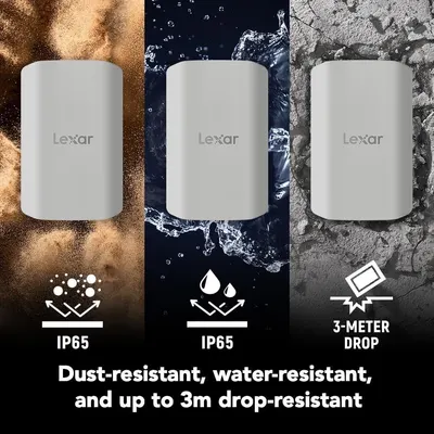 Communicates the product's durability across three distinct protection features (IP65 dust/water resistance and 3-meter drop resistance) to reassure shoppers the device can withstand harsh conditions.