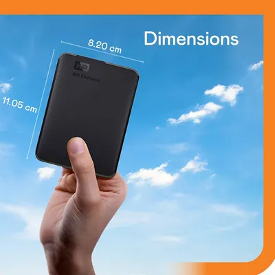 Communicates the physical size of the external hard drive (8.20 cm x 11.05 cm) to help shoppers understand its portability and compact form factor.