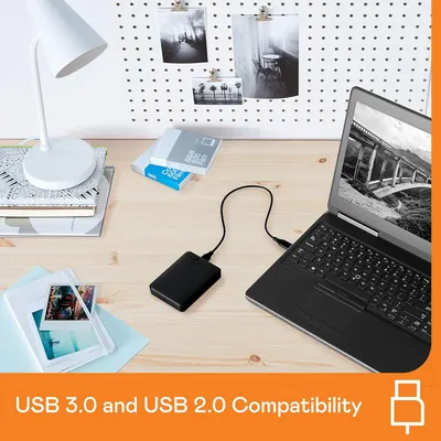 Communicates that the external hard drive is compatible with both USB 3.0 and USB 2.0 connections, reassuring shoppers about broad device compatibility and ease of use. Highlights the product's…