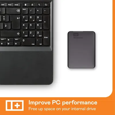 Communicates that the external drive helps improve PC performance by freeing up space on the internal drive, offering a clear storage solution benefit.