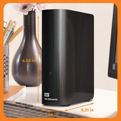 Communicates the exact physical size of the external hard drive (6.53 x 5.31 x 1.89 inches) to help shoppers understand how much desk space it will occupy and whether it fits their setup.