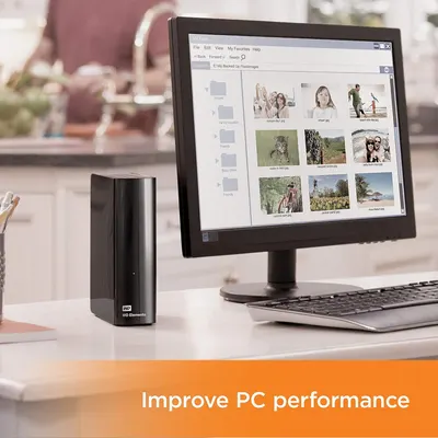Communicates that the external hard drive improves computer performance by offloading storage, allowing the PC to run faster and more efficiently.