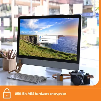 Communicates that the product features advanced security through 256-bit AES hardware encryption, reassuring shoppers that their data is protected. Highlights the single key security benefit of…