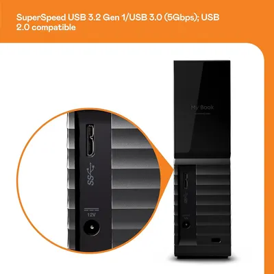 Highlights the physical ports and connectivity options on the external hard drive, showing shoppers the SuperSpeed USB 3.2 Gen 1/USB 3.0 (5Gbps) port and USB 2.0 compatibility to communicate fast…