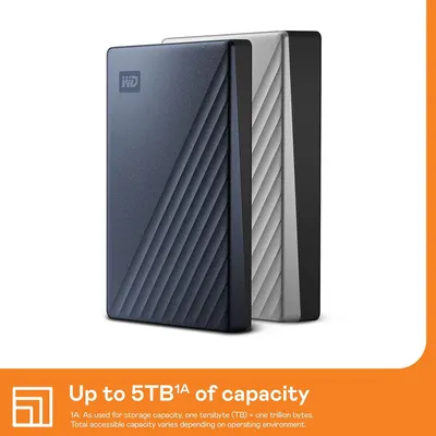 Communicates the maximum storage capacity available (up to 5TB) to help shoppers understand how much data the external hard drive can hold.