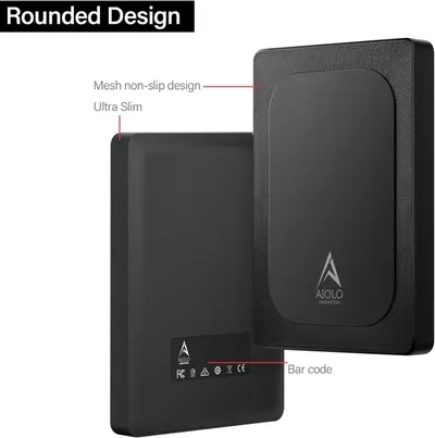 This image breaks down the physical design features of the external hard drive, highlighting its rounded design, mesh non-slip surface, and ultra-slim profile to help shoppers understand the…