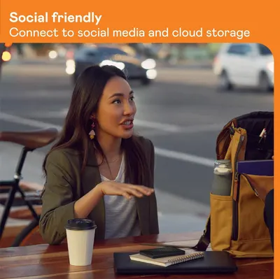 Communicates the product's ability to connect to social media platforms and cloud storage services, emphasizing its social sharing and connectivity features for modern users.