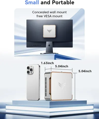 Communicates the product's small, portable physical dimensions (5.04 x 5.04 x 1.63 inches) using exact measurements and a smartphone for scale, reassuring shoppers that it's space-efficient and easy…