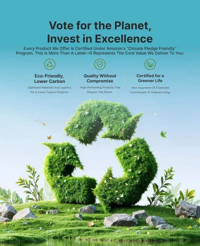 Communicates the brand's environmental commitment through Amazon's Climate Pledge Friendly certification, reassuring shoppers that the product is eco-responsible and supports greener living.