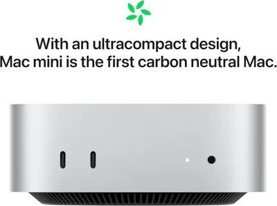 Communicates the environmental responsibility of the Mac mini by highlighting that it is the first carbon neutral Mac, appealing to eco-conscious shoppers. Highlights two key benefits in a simple,…