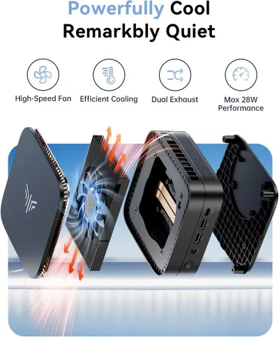 Communicates the product's advanced cooling system by highlighting four distinct technical benefits in a segmented layout, reassuring shoppers that the device stays cool and performs efficiently.