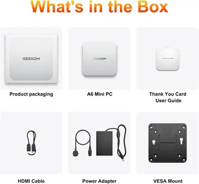 Shows the customer everything included in the box with the A6 Mini PC purchase, including the device, packaging, documentation, cables, power adapter, and mounting hardware to set clear expectations…