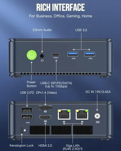 This image breaks down all the physical ports and connection points on the device, helping shoppers understand the full connectivity options available for business, office, gaming, and home use.