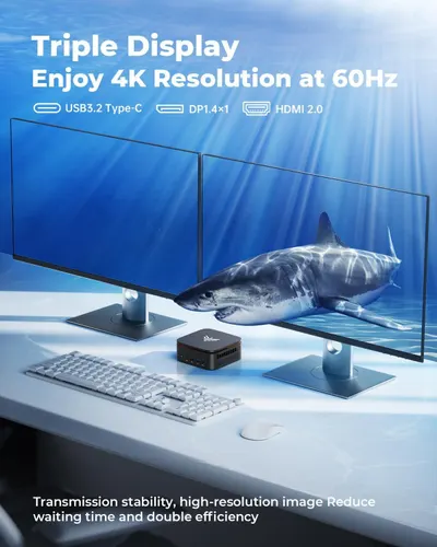 Communicates multiple technical benefits of the product including triple display capability, high-resolution output, versatile connectivity ports, and stable transmission to appeal to users seeking…
