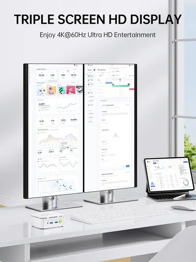 Highlights the product's triple screen HD display capability and 4K@60Hz Ultra HD entertainment feature to communicate enhanced productivity and premium viewing experience for professional and…