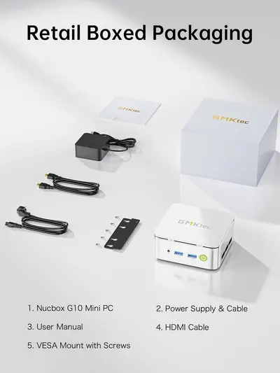 Shows the customer everything included in the box when they purchase the Nucbox G10 Mini PC, providing transparency and reassurance about what they will receive.