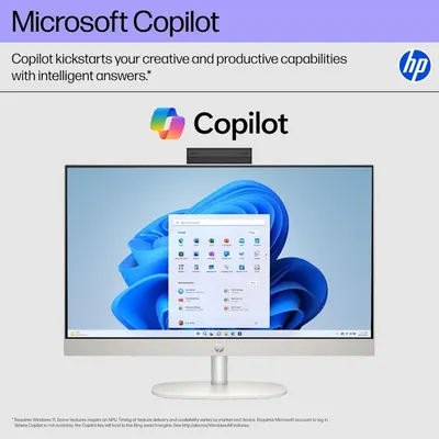 Highlights the inclusion of Microsoft Copilot software on this HP computer, emphasizing its ability to enhance creative and productive capabilities with intelligent AI-powered answers.