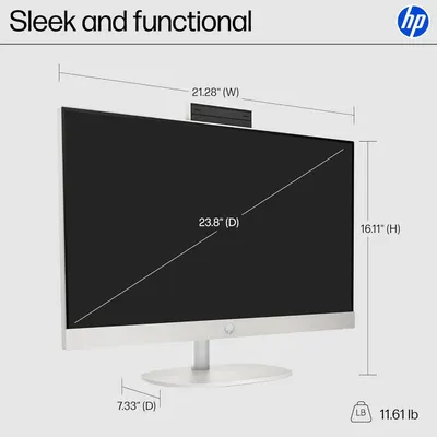 Communicates the exact physical dimensions and weight of the HP monitor to help shoppers understand its size and footprint before purchase.