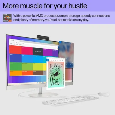Communicates the computer's high-performance capabilities powered by AMD Ryzen 7000 series processor, emphasizing it can handle demanding creative and productivity tasks.