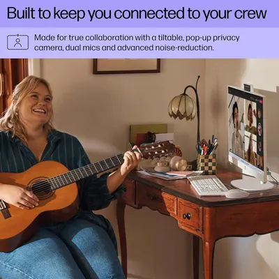 Demonstrates the product's collaboration capabilities including tiltable camera, pop-up privacy camera, dual mics, and noise-reduction to reassure shoppers it's built for effective remote teamwork…