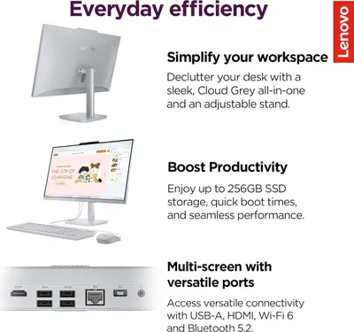 Communicates three distinct benefits of the Lenovo all-in-one computer: space-saving design with adjustable stand, high-performance storage and speed, and versatile multi-screen connectivity options.