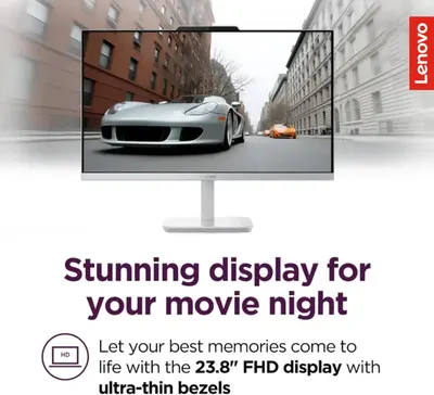 Highlights the monitor's stunning display quality and ultra-thin bezel design to appeal to shoppers looking for an immersive viewing experience for entertainment.