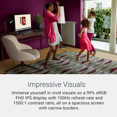 Highlights the monitor's impressive display quality with specific technical specs (99% sRGB FHD IPS, 100Hz refresh rate, 1500:1 contrast ratio) to communicate superior visual performance and…