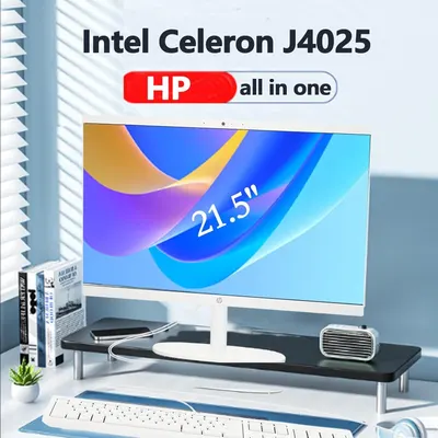 Communicates multiple key specifications and benefits of the HP all-in-one computer, including the processor type, form factor, and screen size to help shoppers understand the product's core features.