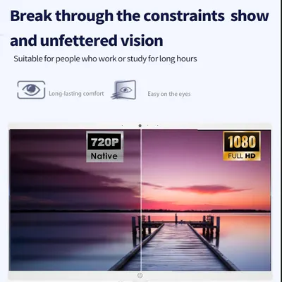 Communicates multiple benefits of the display including eye comfort for extended use, visual clarity, and superior HD resolution quality through a segmented layout with distinct visual zones.
