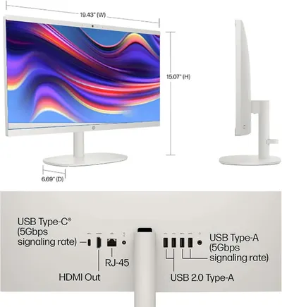 Communicates the exact physical dimensions of the monitor (width, height, depth) to help shoppers understand the product's size and footprint before purchase. Shows the specific ports and…