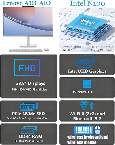 This image showcases multiple technical specifications and features of the Lenovo A100 AIO computer in a segmented grid layout, helping shoppers quickly understand the key hardware and connectivity…