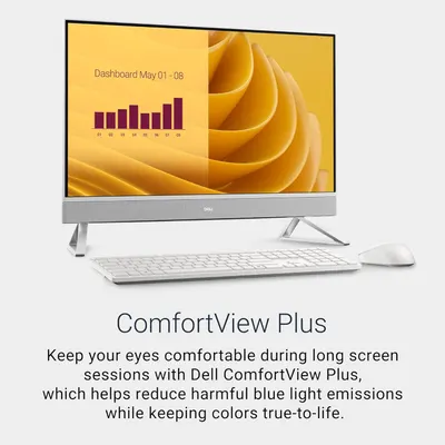 Communicates the eye comfort benefit of Dell's ComfortView Plus technology, which reduces harmful blue light emissions during extended screen use while maintaining color accuracy.