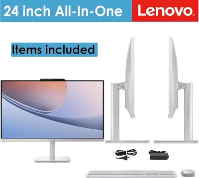 Shows the customer everything included in the box with the 24-inch Lenovo All-in-One computer, including the monitor, stand, cables, power adapter, keyboard, and mouse to set clear expectations.