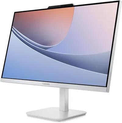 Provides a clean, catalog-style view of the Lenovo monitor on a white background, allowing shoppers to see the product design, thin bezels, and integrated webcam clearly without distractions.