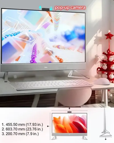 Communicates the exact physical dimensions of the monitor (width, height, depth) to help shoppers understand the product's size and ensure it fits their workspace. Highlights the pop-up camera…