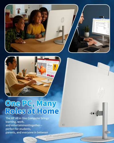 Demonstrates the versatility of the HP All-in-One PC by showing it being used in multiple real-world scenarios—family learning, professional work, and creative tasks—to communicate that one product…