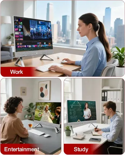 Demonstrates the versatility of the monitor by showing it can be used effectively across three different scenarios: professional video editing work, entertainment streaming, and educational study…