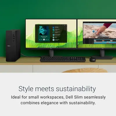 Communicates that the Dell Slim desktop combines elegant design with environmental responsibility, appealing to eco-conscious shoppers looking for sustainable workspace solutions. Highlights the…