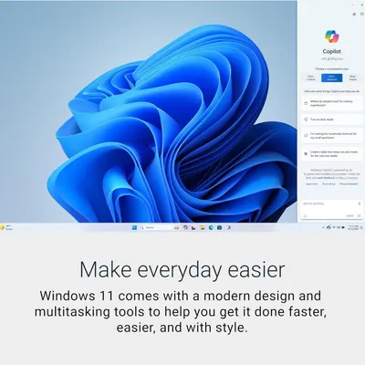 Communicates that Windows 11 makes everyday tasks easier through modern design, multitasking capabilities, and AI assistance, positioning it as a productivity and lifestyle enhancement.