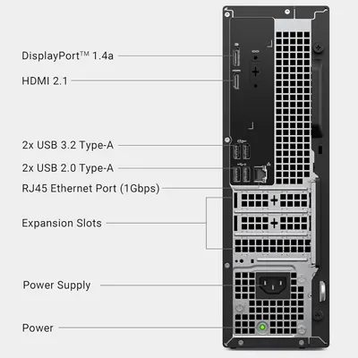This image breaks down the physical components and ports on the back panel of the computer, helping shoppers understand the connectivity options and hardware layout available.