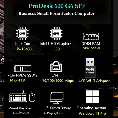 This image provides a comprehensive technical specification overview of the ProDesk 600 G6 SFF computer, showcasing multiple hardware components and capabilities in a segmented grid layout to help…