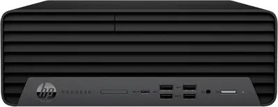 Provides a clean, catalog-style view of the HP ProDesk desktop computer showing its front panel ports and design without any distractions.
