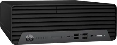 Provides a clean, catalog-style product image showing the HP ProDesk desktop computer from a front-angled view, highlighting its compact design and front port configuration.